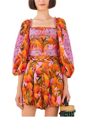 FARM Rio Mango & Macaws Print Floral Puff-Sleeve Crop Top